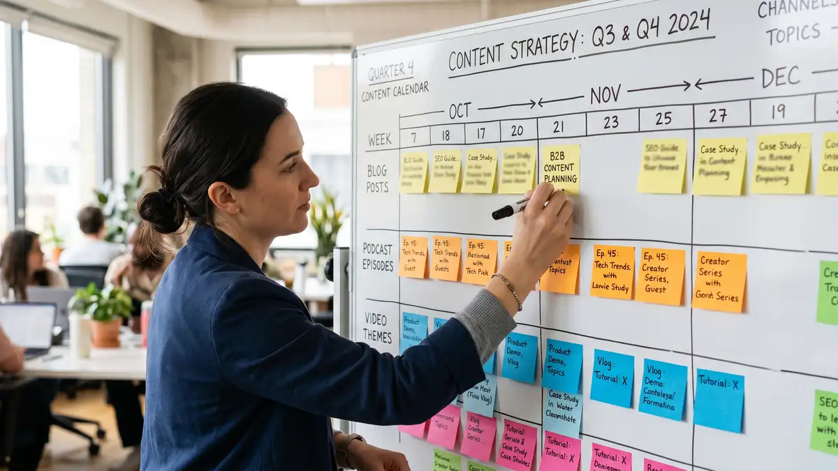 Content strategist whiteboarding a B2B SaaS demand generation production calendar with sticky notes for podcast episodes blog posts and video themes