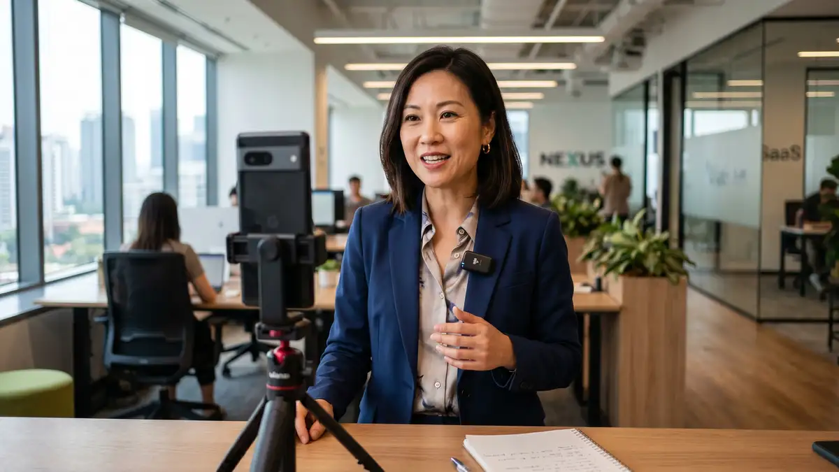 Confident female B2B SaaS CMO recording a LinkedIn video on a phone tripod in a modern office during executive thought leadership content production