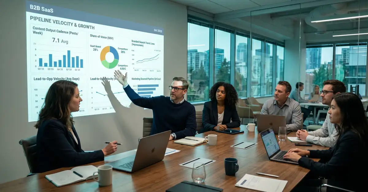 B2B SaaS marketing leadership team in a glass boardroom reviewing a pipeline-velocity dashboard with content output cadence share-of-voice metrics and branded search trend lines