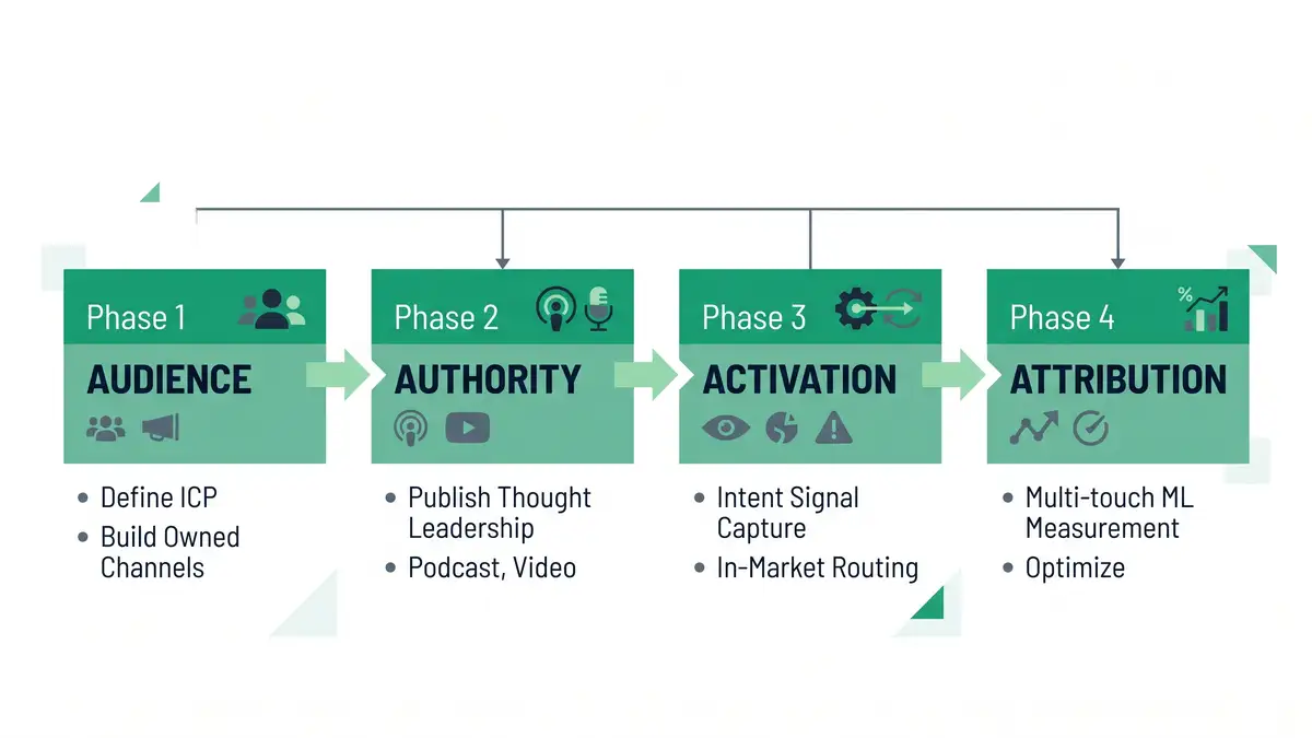 Infographic showing the four-phase B2B demand generation framework: Audience to Authority to Activation to Attribution with sub-bullets under each phase
