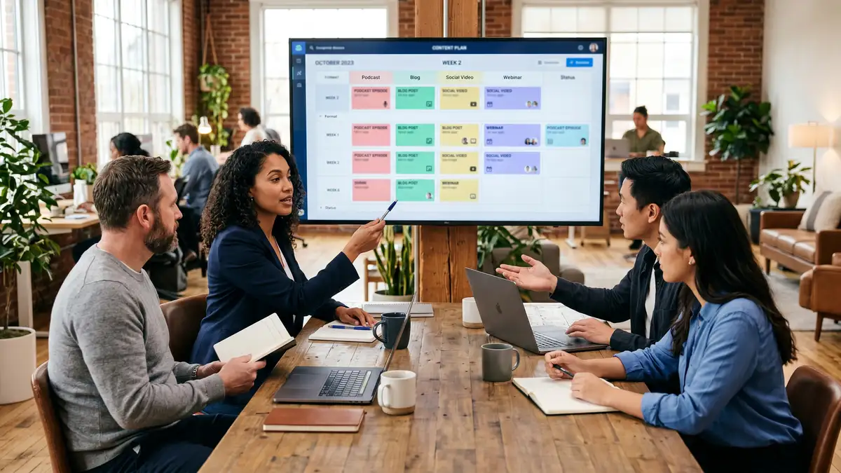 B2B SaaS marketing team in a strategy session reviewing a content calendar showing podcast episodes, blog posts, and social videos on a large monitor