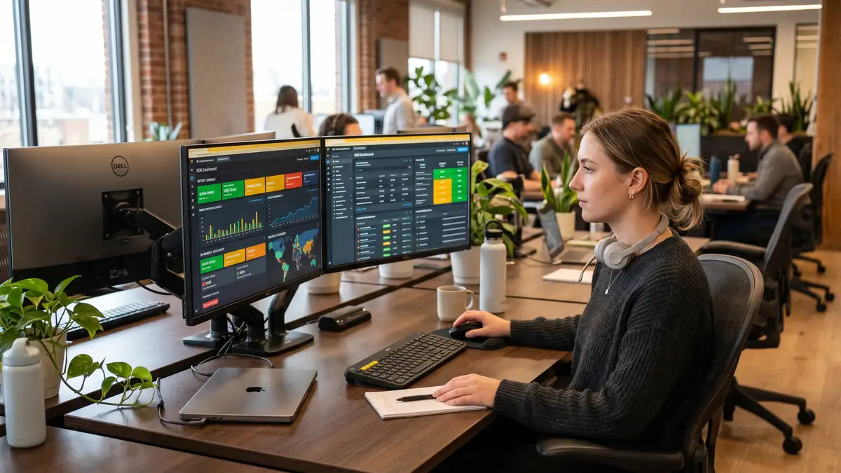 SDR sales development rep at a workstation reviewing intent-signal dashboards on dual monitors with green and amber alerts indicating in-market accounts