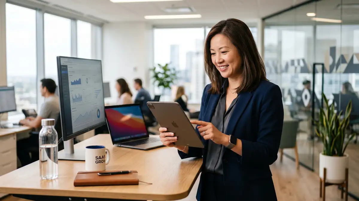 Confident B2B SaaS CMO at a standing desk reviewing multi-touch attribution analytics on a tablet during pre-board prep
