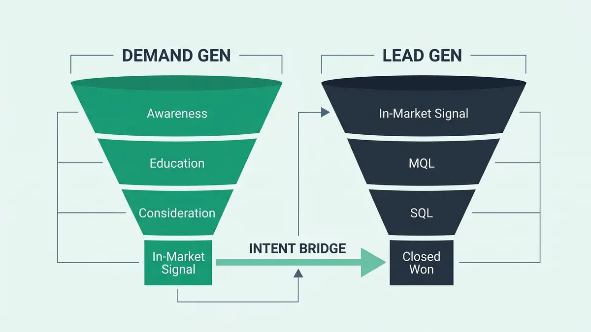 Infographic showing two parallel funnels — Demand Gen on the left (Awareness, Education, Consideration, In-Market Signal) and Lead Gen on the right (In-Market Signal, MQL, SQL, Closed Won) connected by an Intent Bridge