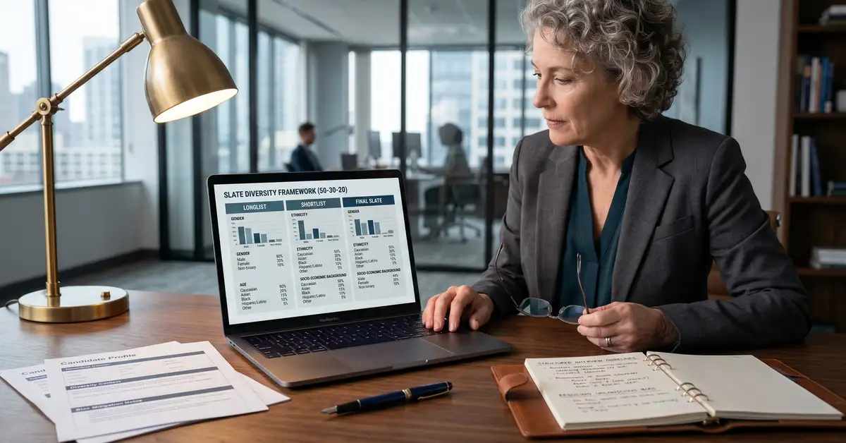 Close-up of executive search consultant reviewing 50-30-20 slate diversity framework analysis on laptop with longlist to shortlist to final slate progression