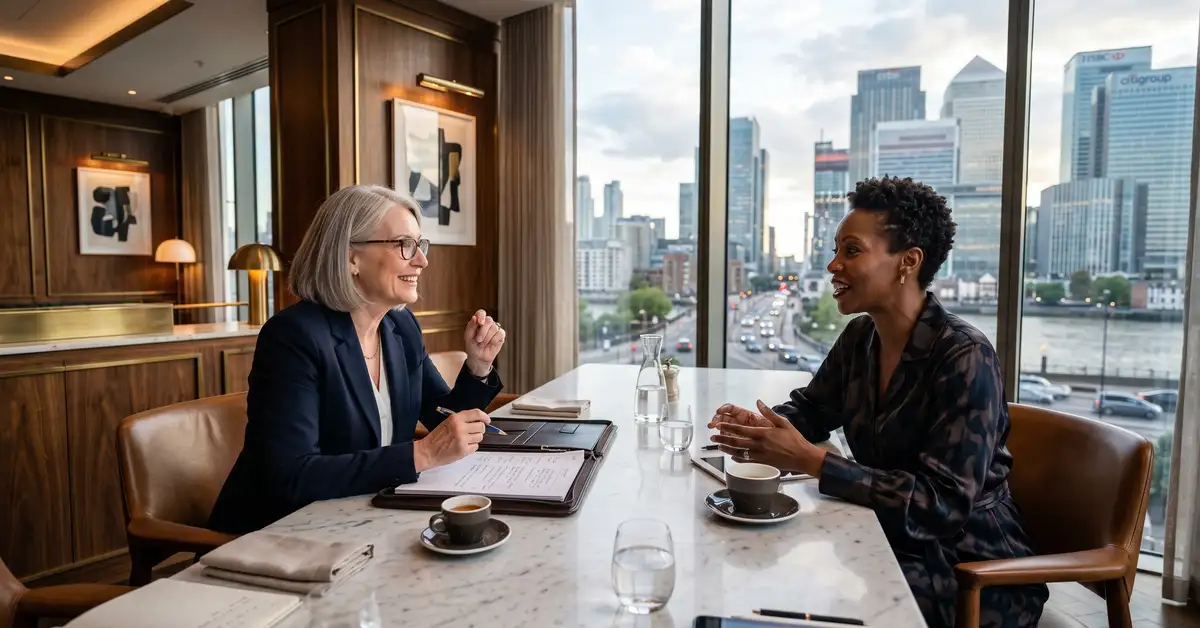 Senior executive search Managing Partner conducting discovery conversation with diverse C-suite candidate in sophisticated London private dining room with Canary Wharf skyline