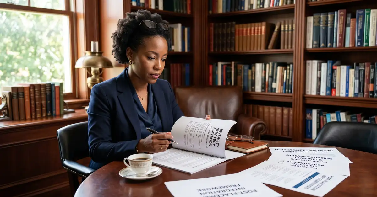 Diverse executive search Practice Lead reviewing printed diversity strategy playbook with 50-30-20 framework and bias-mitigation protocols