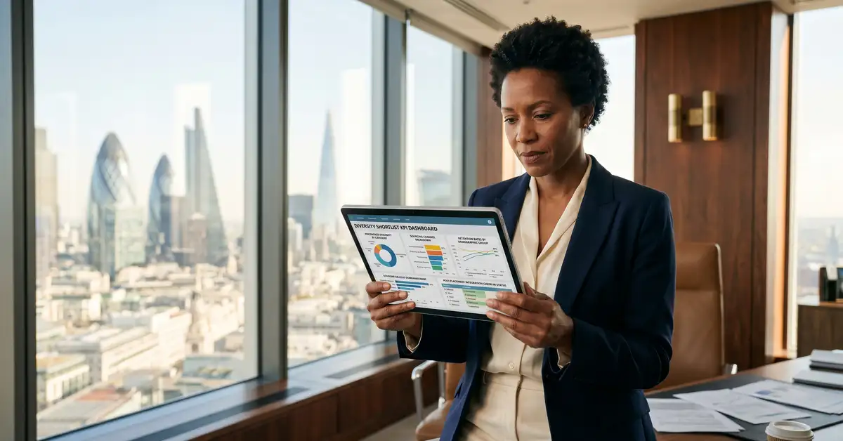 Executive search Managing Director reviewing diversity shortlist KPI dashboard on tablet in modern executive office