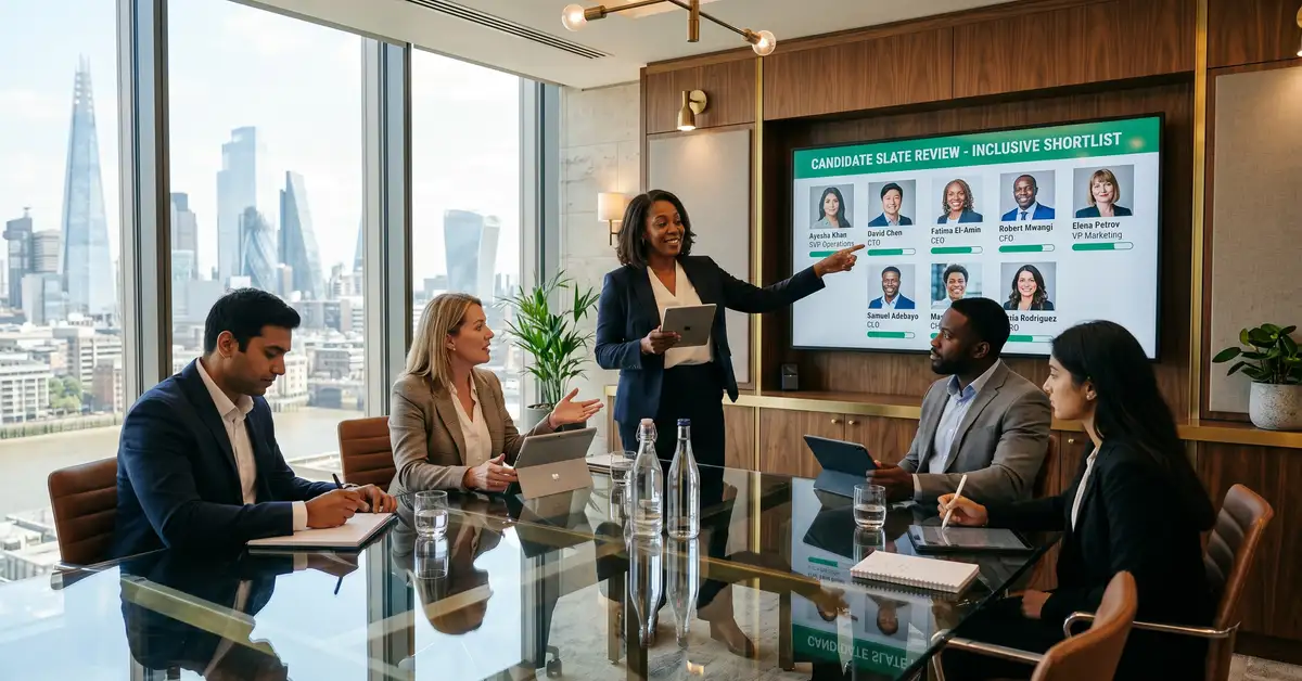 Diverse executive search Practice Director leading inclusive candidate slate review with team of demographically varied professionals in modern London boardroom