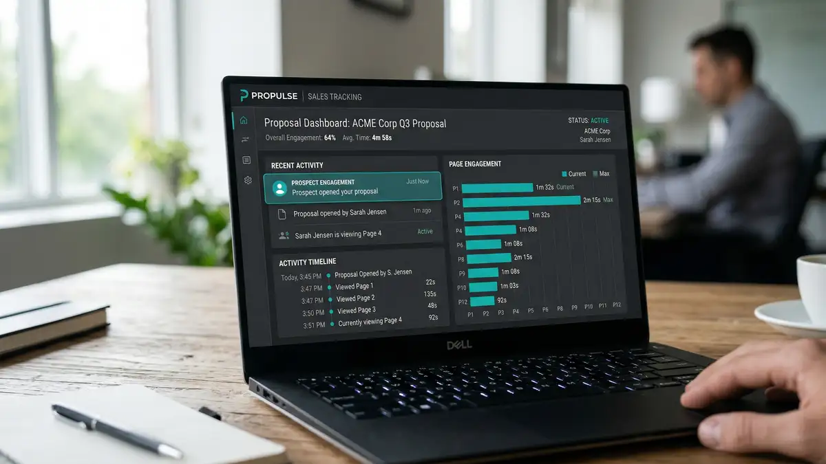 Proposal tracking dashboard showing real-time engagement notifications and page-by-page view duration analytics for B2B document tracking software