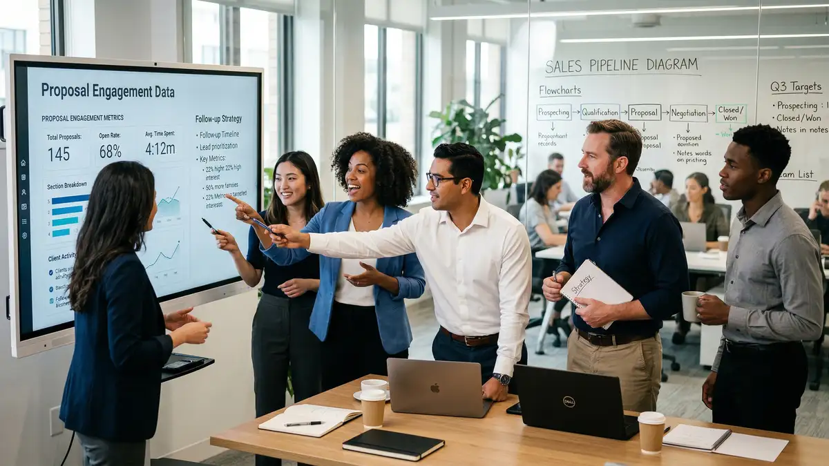 B2B sales team collaborating around large screen showing proposal engagement analytics and follow-up strategy for document tracking