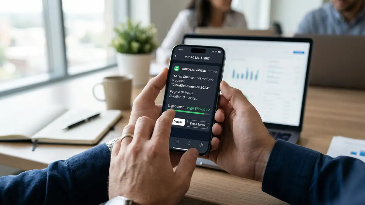 Sales professional receiving real-time proposal view notification on smartphone showing document tracking engagement score