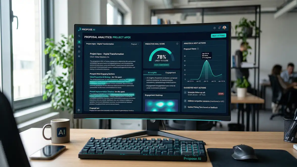 AI-powered proposal analytics dashboard showing predictive deal scoring and engagement confidence meter for document intelligence
