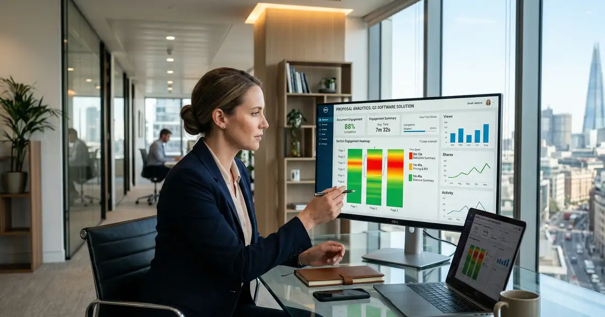 Executive reviewing document tracking software analytics dashboard showing proposal engagement metrics and heatmaps for B2B sales