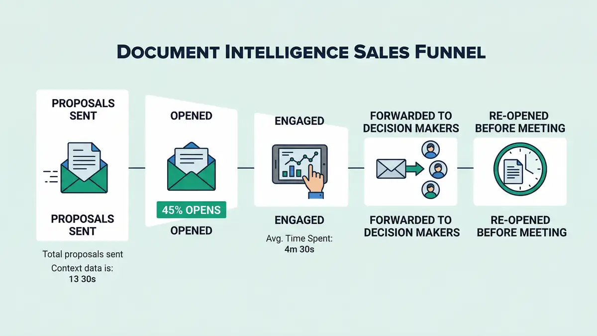 Document intelligence sales funnel infographic showing proposal engagement stages from sent through opened engaged forwarded and re-opened