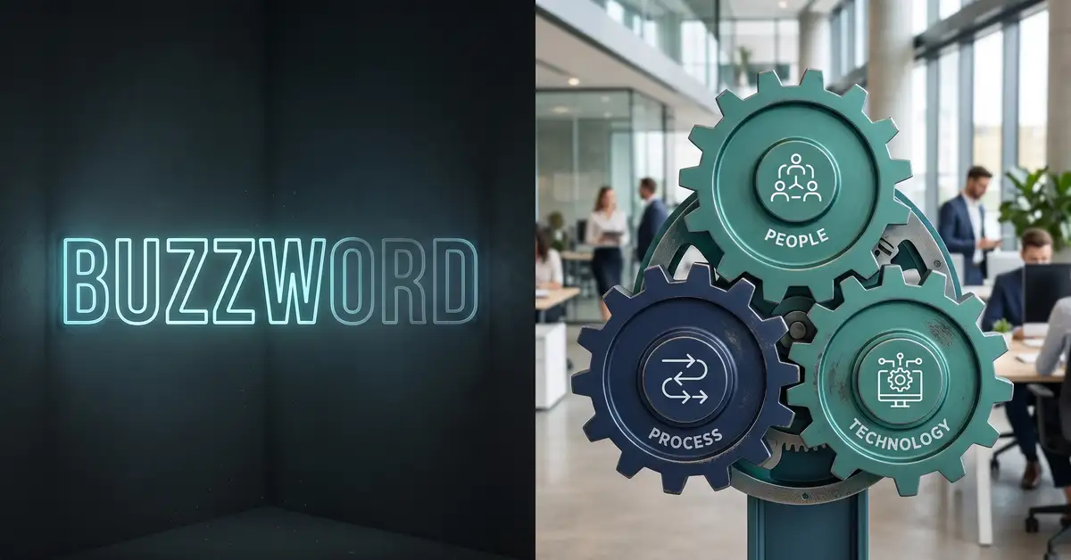 Conceptual image contrasting a fading digital buzzword with three solid interlocking gears for people, process, and technology