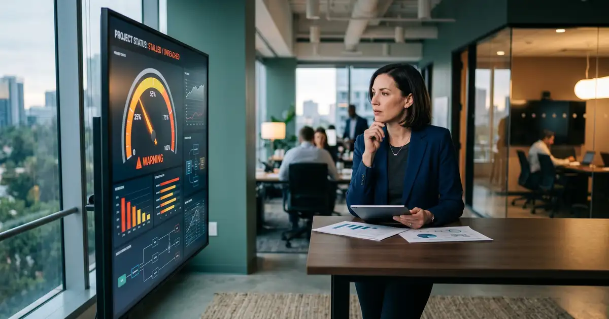 A stalled digital transformation shown as a progress dial stuck below the halfway mark while an executive reviews why