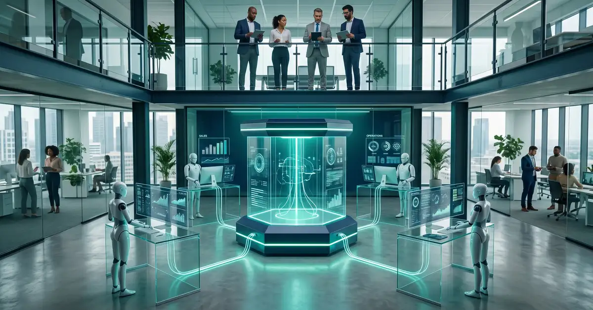An AI operating system at the centre of a business, with autonomous agents handling sales, operations, and marketing tasks under human oversight