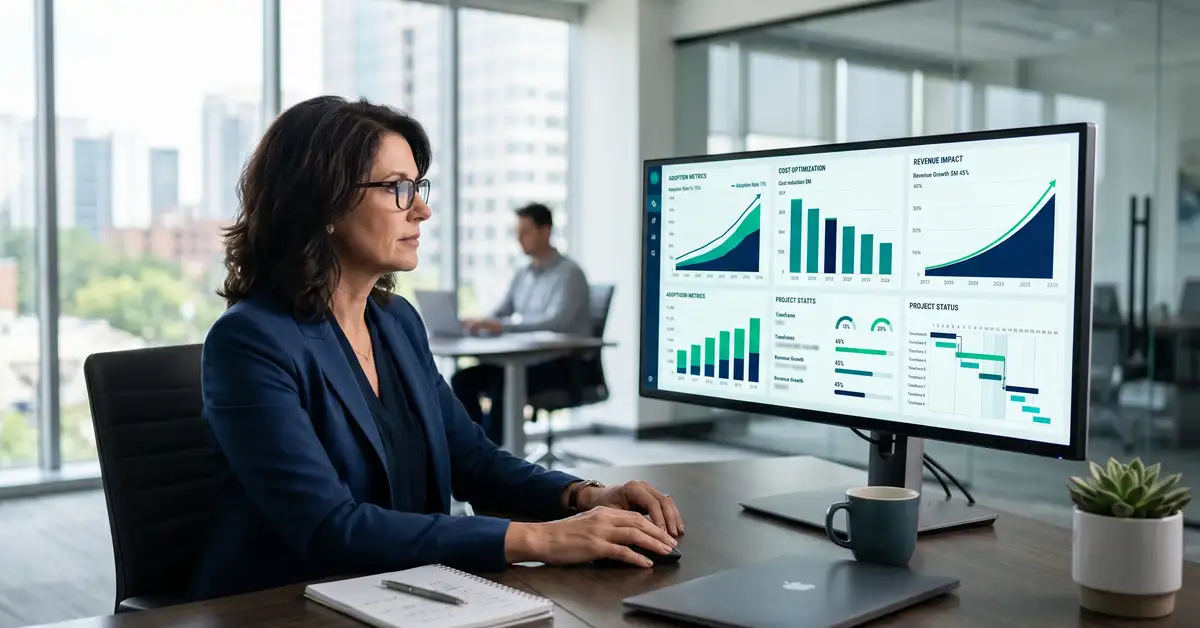 An executive reviewing a digital transformation KPI dashboard with charts trending upward