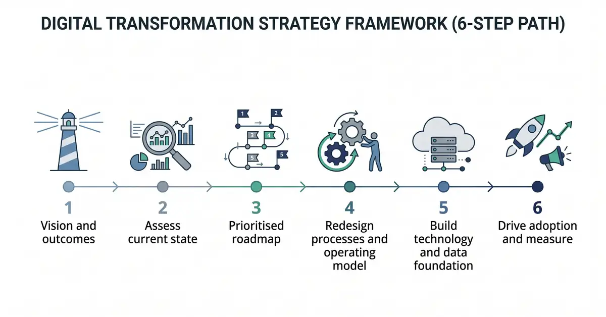 Infographic of a six-step digital transformation framework from vision to adoption and measurement