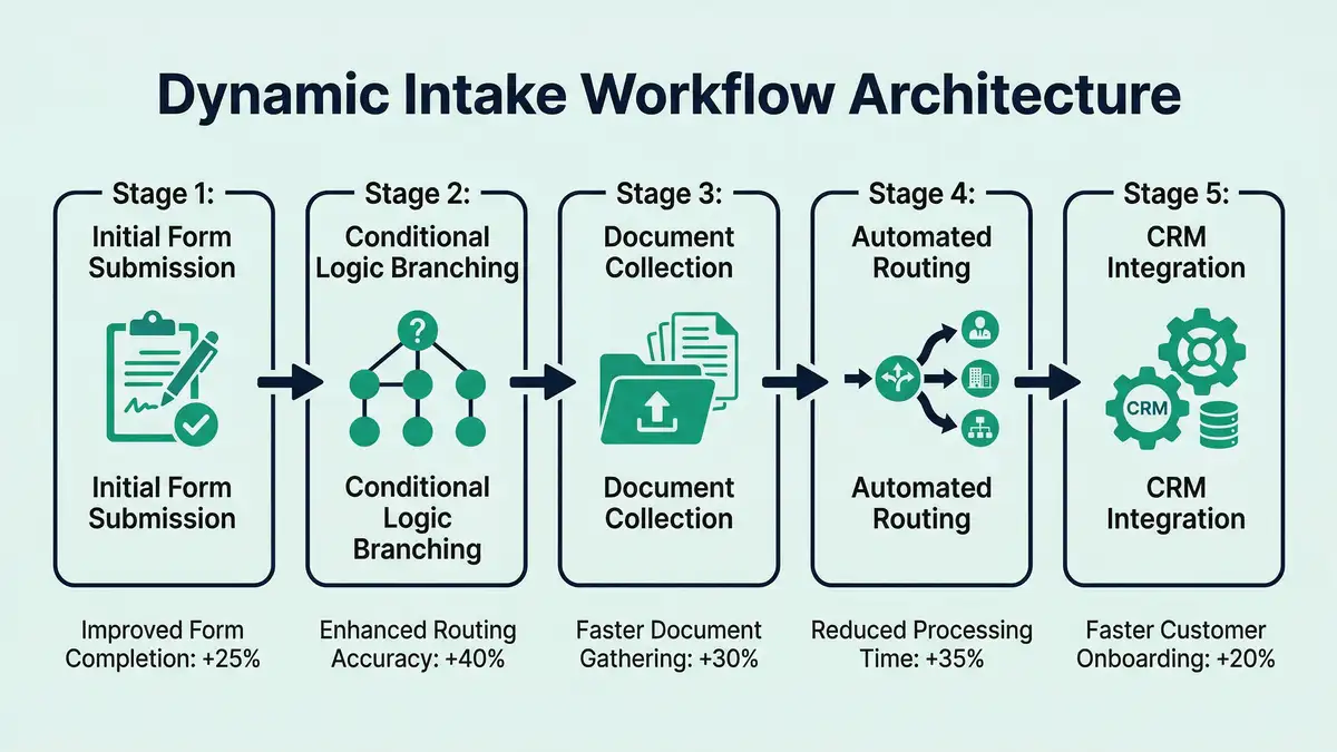 Infographic diagram showing five-stage dynamic intake workflow architecture from form submission through CRM integration with brand green color scheme