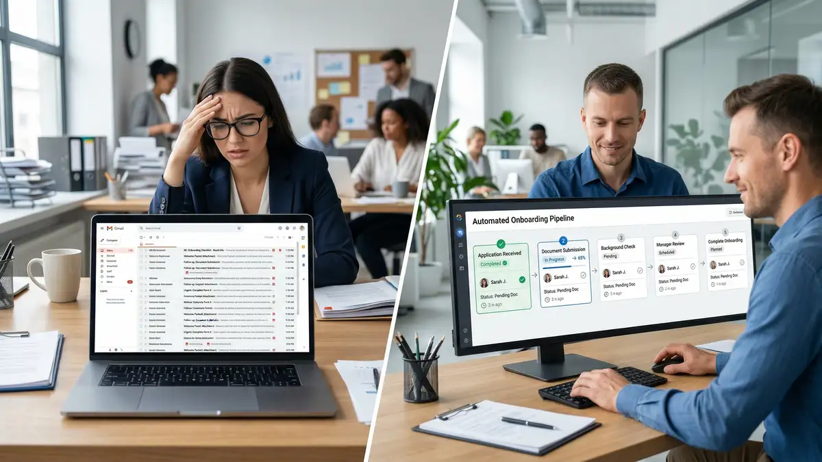 Split screen comparison showing cluttered email inbox versus clean automated intake workflow pipeline with progress indicators