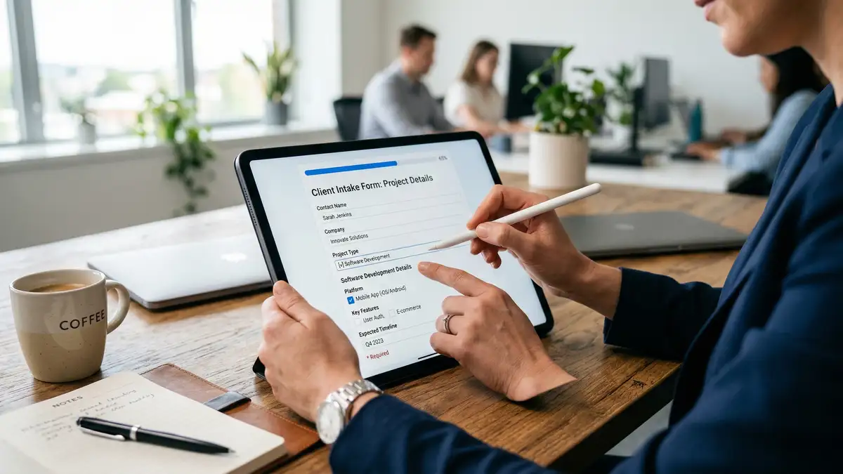 Business professional using tablet showing dynamic intake form with conditional logic fields adapting to selections