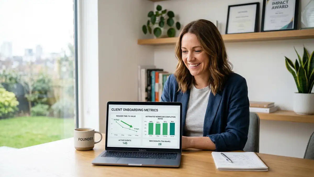 Business founder reviewing onboarding metrics dashboard showing reduced time-to-value and workflow completion rates on laptop
