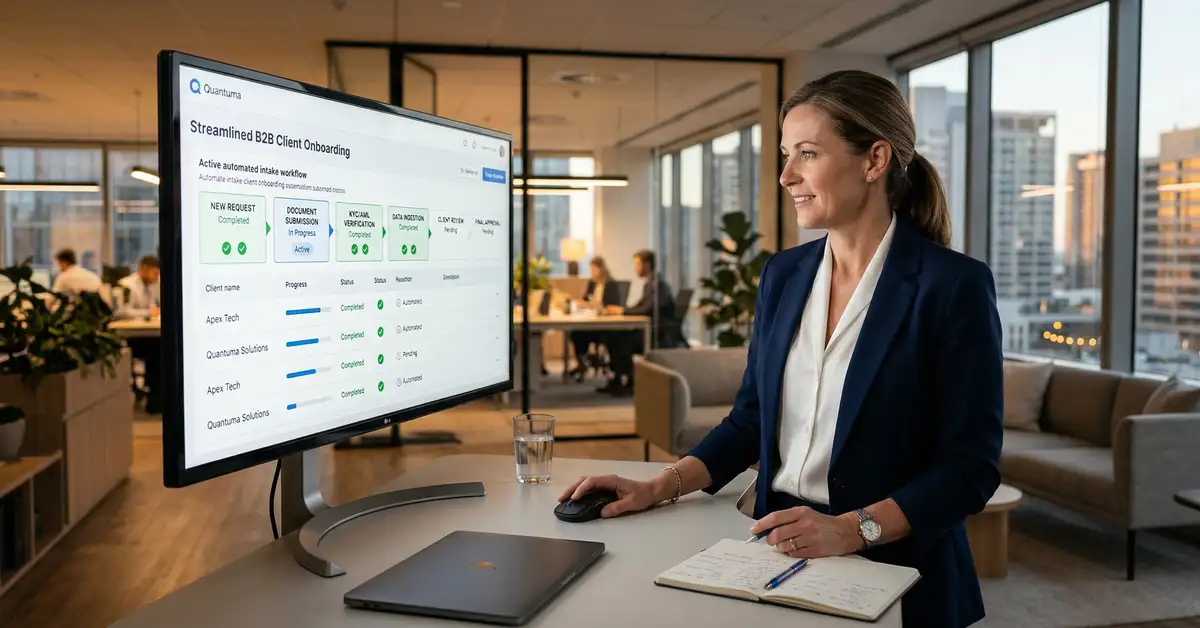 Dynamic intake workflow automation dashboard showing conditional logic routing for B2B client onboarding process
