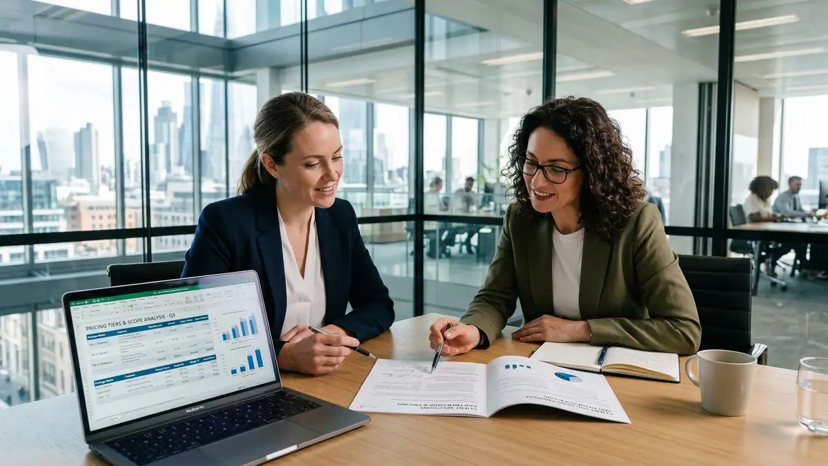 B2B professionals collaborating on dynamic proposal pricing strategy at conference table with pricing frameworks on screen