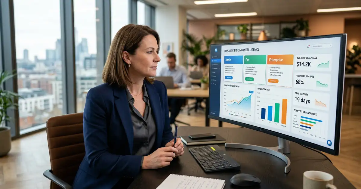 B2B executive reviewing dynamic pricing dashboard showing tiered proposal pricing models and revenue analytics