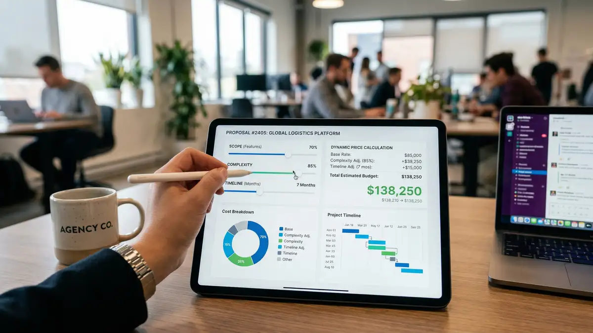 Digital proposal interface showing dynamic pricing calculations adjusting in real-time based on project scope inputs