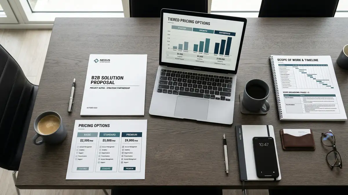 Overhead view of boardroom table with B2B proposals showing tiered pricing options and scope breakdowns
