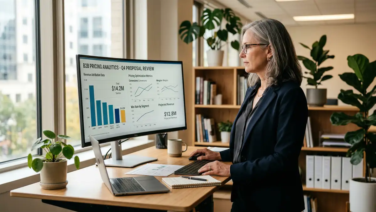 Senior business strategist analyzing B2B proposal pricing analytics on ultrawide monitor in modern office