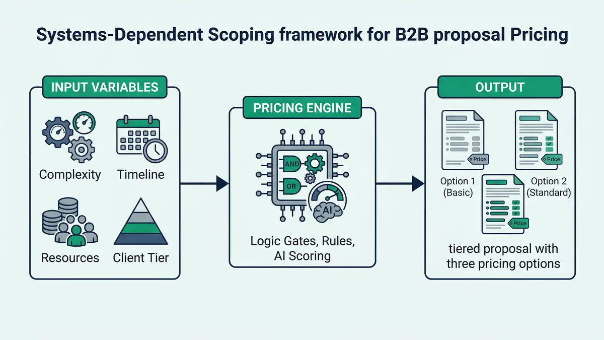 Infographic showing systems-dependent scoping framework with input variables flowing through pricing engine to tiered proposal output