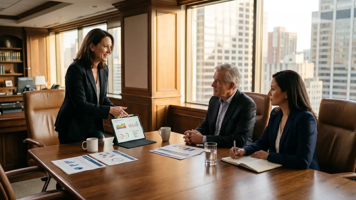 Senior executive search consultant presenting employer brand audit findings to a client CHRO and CEO across a polished wood conference table