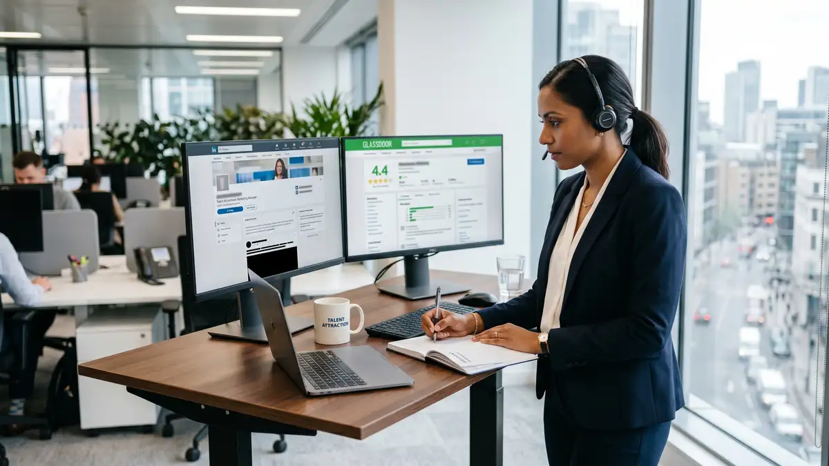 Talent attraction marketing professional at standing desk with dual monitors showing LinkedIn company page and Glassdoor employer profile