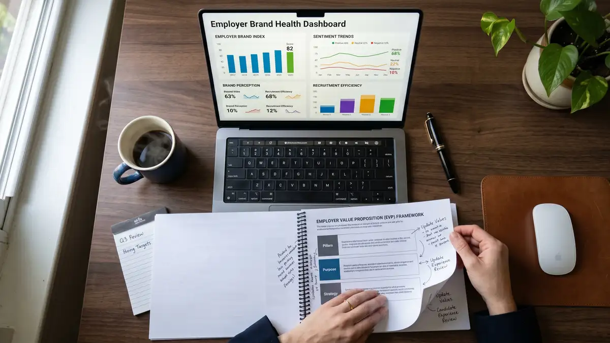 Close-up overhead view of CHRO desk with MacBook showing employer brand health dashboard and printed EVP document