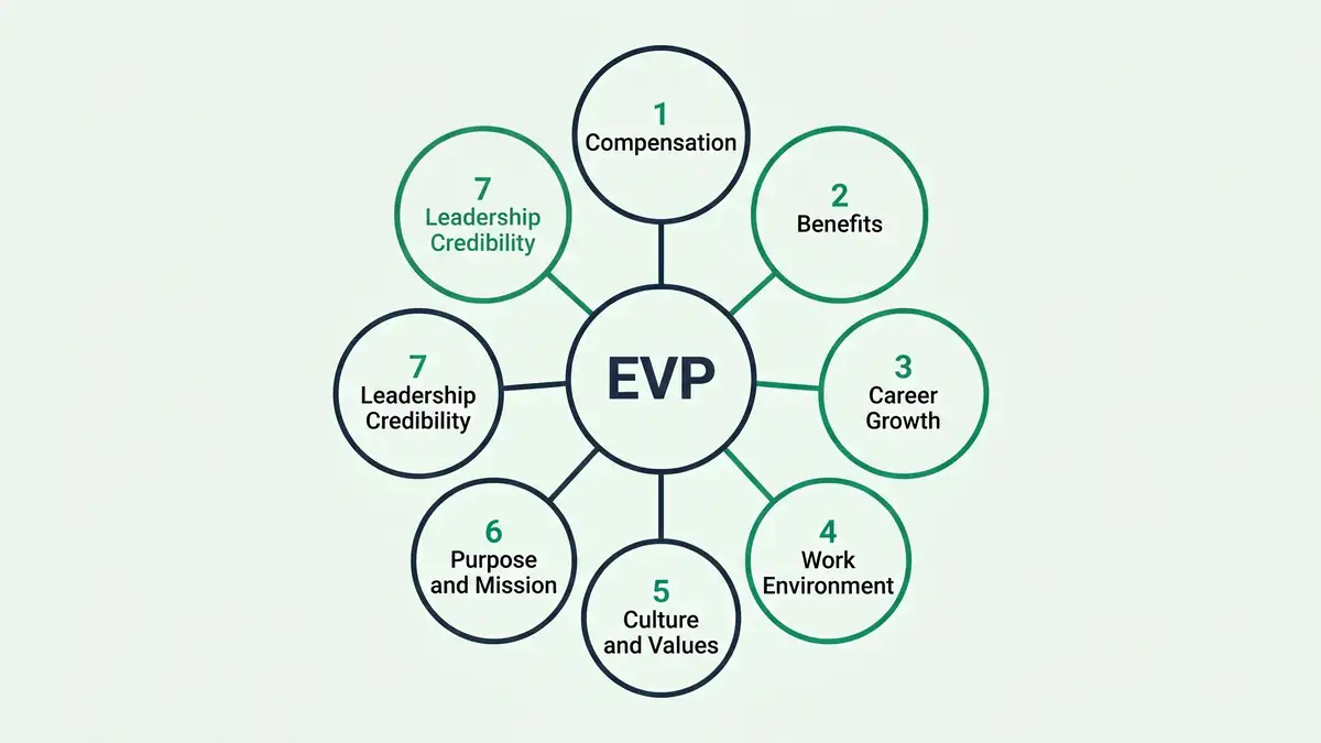Hub-and-spoke radial infographic showing the 7-element EVP framework with central EVP node and seven outer pillars