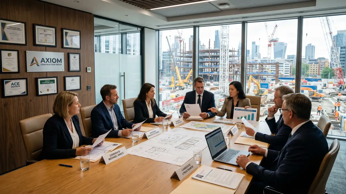 Construction company executive committee in a contemporary conference room reviewing senior leadership candidates with project pipeline maps and safety leadership statistics