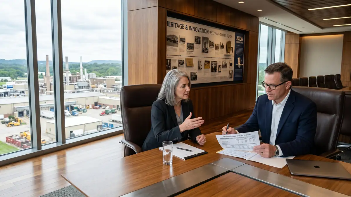 Fortune 500 manufacturing COO interview at a Midwest manufacturing headquarters with two professionals reviewing operations metrics and lean manufacturing transformation history