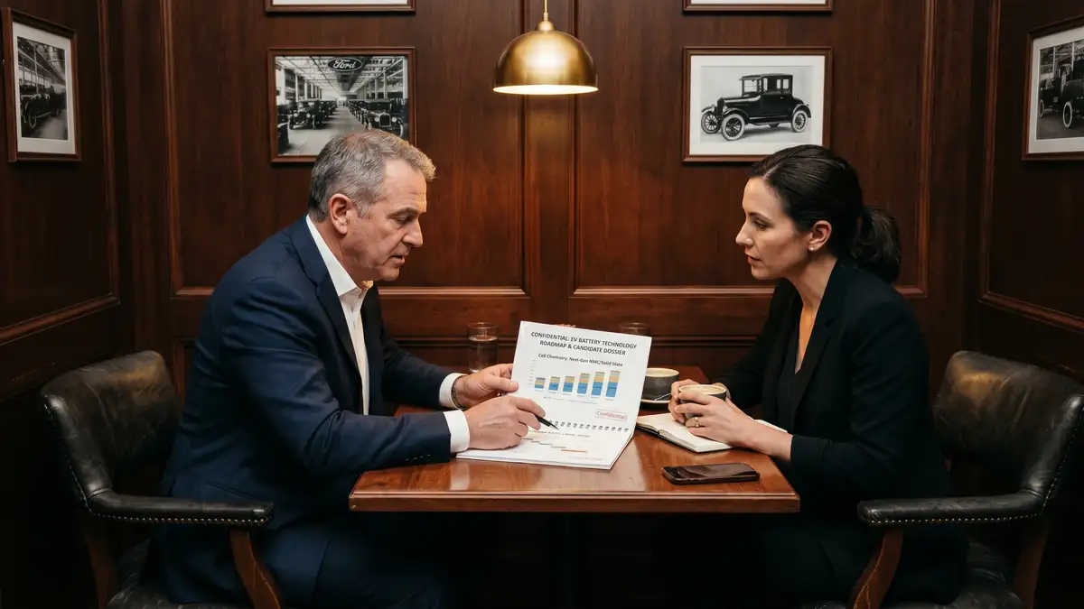 Confidential EV battery engineering executive interview in a private booth with two professionals reviewing candidate dossier and battery technology roadmap