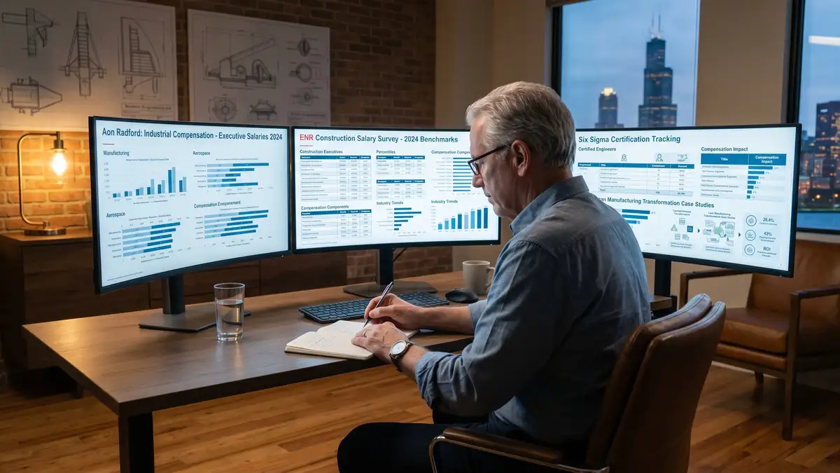 Senior engineering compensation consultant analyzing manufacturing and construction executive compensation benchmarks across three monitor displays
