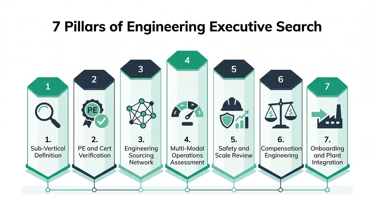 7 Pillars of Engineering Executive Search infographic showing sub-vertical definition, PE and certification verification, engineering sourcing network, multi-modal operations assessment, safety and scale review, compensation engineering, and onboarding and plant integration