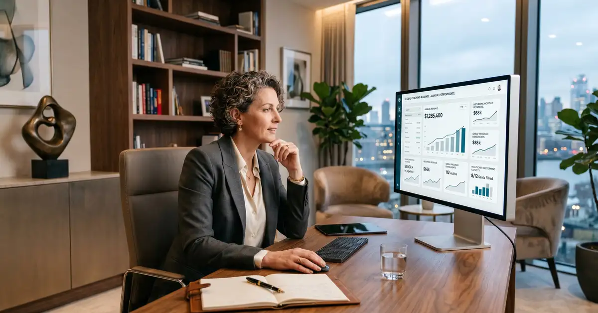 Established coaching practice founder reviewing financial dashboard showing 7-figure annual revenue and recurring retainers