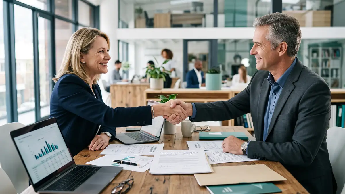 Two professionals shaking hands over a signed agreement closing the sale of a consulting firm as part of an exit strategy