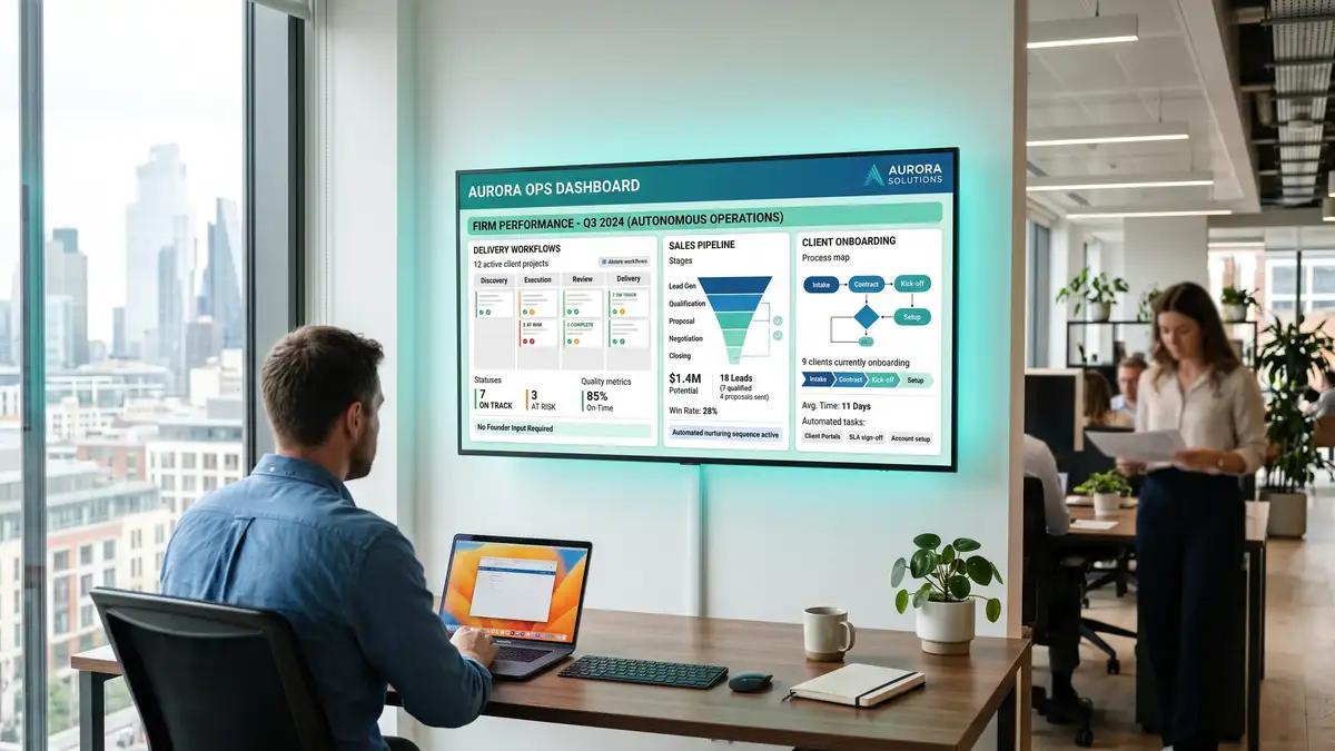 Operations dashboard showing a consulting firm's delivery and onboarding workflows running autonomously as a transferable business asset