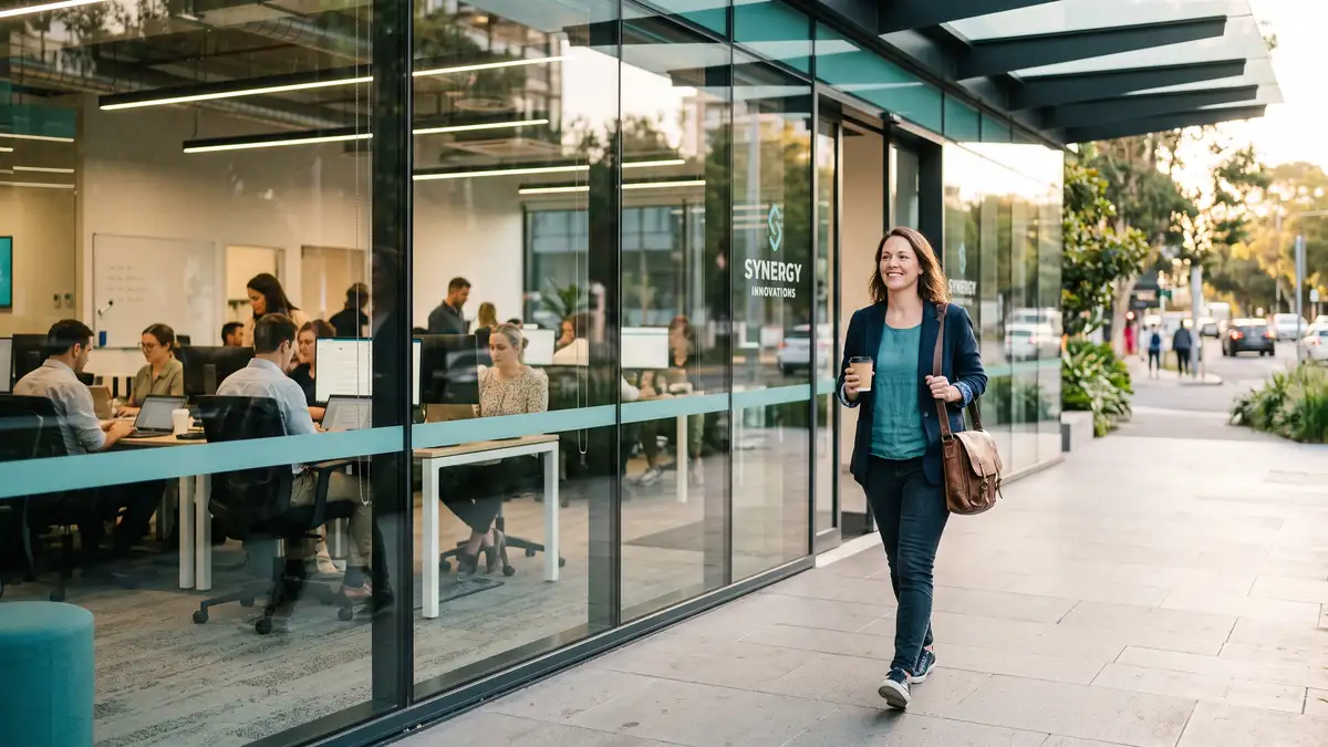 Founder walking out of the office while the team keeps working, showing a consulting firm that runs without the owner and is ready to sell
