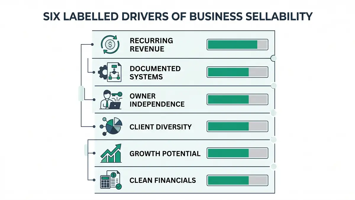 Infographic showing six drivers of consulting firm sellability: recurring revenue, documented systems, owner independence, client diversity, growth potential, clean financials