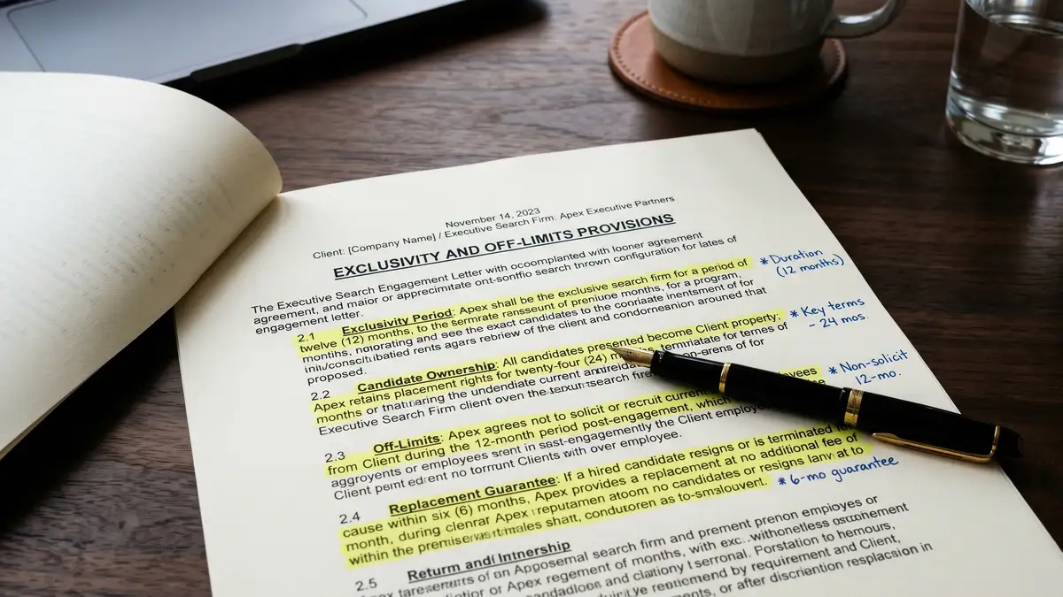 Executive search engagement letter showing annotated exclusivity and off-limits provisions